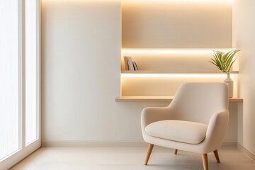 Cozy Modern Living Room Corner with Elegant Chair, Minimalist Shelving, Soft Lighting, and Indoor Plant for Stylish Home Decor Inspiration
