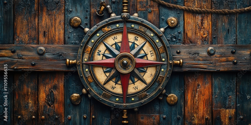 Poster navigating history with a vintage compass against a weathered wooden backdrop in a rustic setting