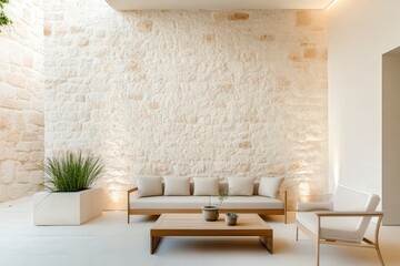 Modern minimalist interior design featuring a cozy lounge area with natural light and stone wall accents, ideal for relaxation and social gatherings