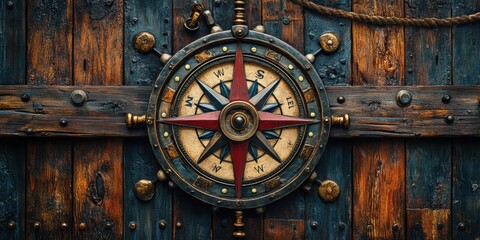 Fototapeta premium Navigating history with a vintage compass against a weathered wooden backdrop in a rustic setting
