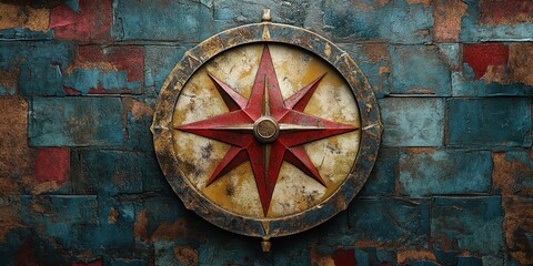 Intricate compass rose artwork mounted against weathered stone wall in an enchanting, mystical setting