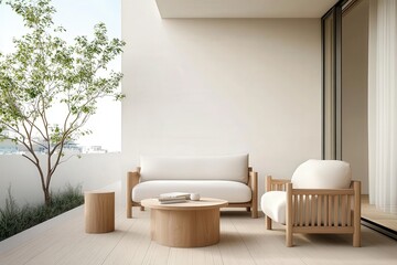 Modern Minimalist Outdoor Living Space with Wooden Furniture and Greenery for Relaxation and Leisure
