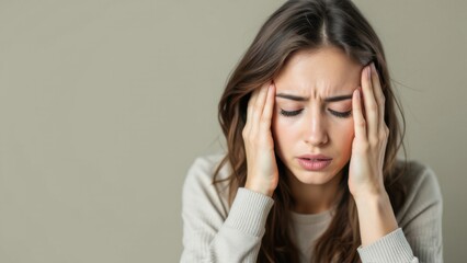 Fototapeta premium Woman Holding Her Head in Stress, Representing Anxiety, Emotional Distress, and Mental Health Challenges with a Neutral Background