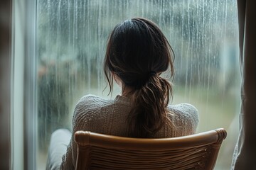 woman seated in chair with her back to camera gazing out at rainy window symbolizing blue monday