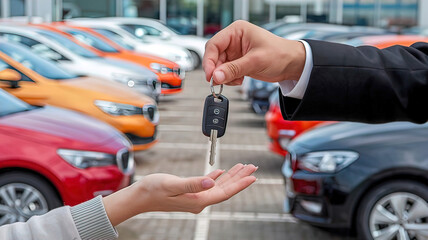 Sale purchase of a car, a car dealership manager hands over the keys to a new car to a buyer, a car dealership,	
