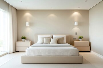 Modern Minimalist Bedroom with Neutral Tones, Soft Lighting, and Elegant Decor Featuring a Bed, Nightstands, and Indoor Plants