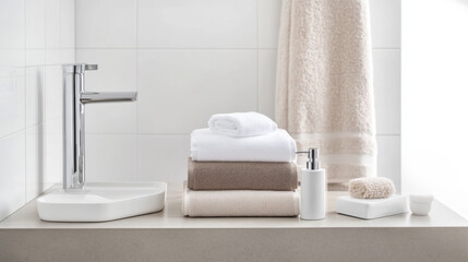 Stack of soft folded towels on marble shelf in modern bathroom, background