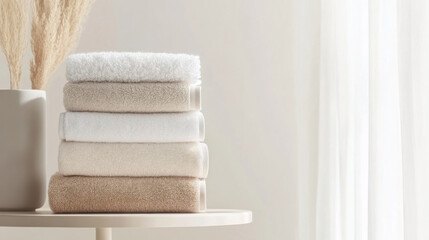 Neutral colors stacked towels by window on minimalistic background, copy space