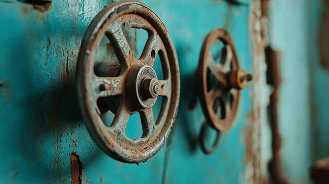 A close-up of two metal wheels on a teal colored surface. The wheels are old and worn, adding to the vintage industrial aesthetic.