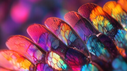 Stunning Colorful Close-Up of Iridescent Feather Texture Showcasing Vibrant Hues and Intricate Patterns in a Nature-Inspired Macro Photography Shot