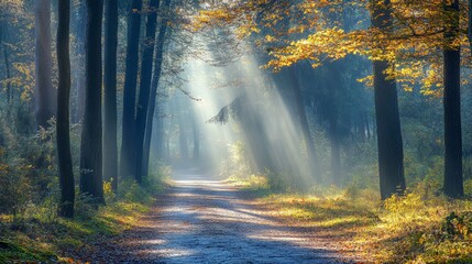 Obraz premium Serene Forest Path, a peaceful trail winding through lush greenery, sunlight dances through the canopy, inviting exploration and connection with the beauty of nature