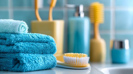 Close-up of turquoise towels and grooming products in a bright bathroom setting.