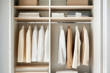 Organized wardrobe showcasing neatly hung light-colored garments, folded textiles, and modern storage solutions for a stylish and tidy closet space