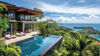 Luxury hillside villa with infinity pool overlooking ocean.