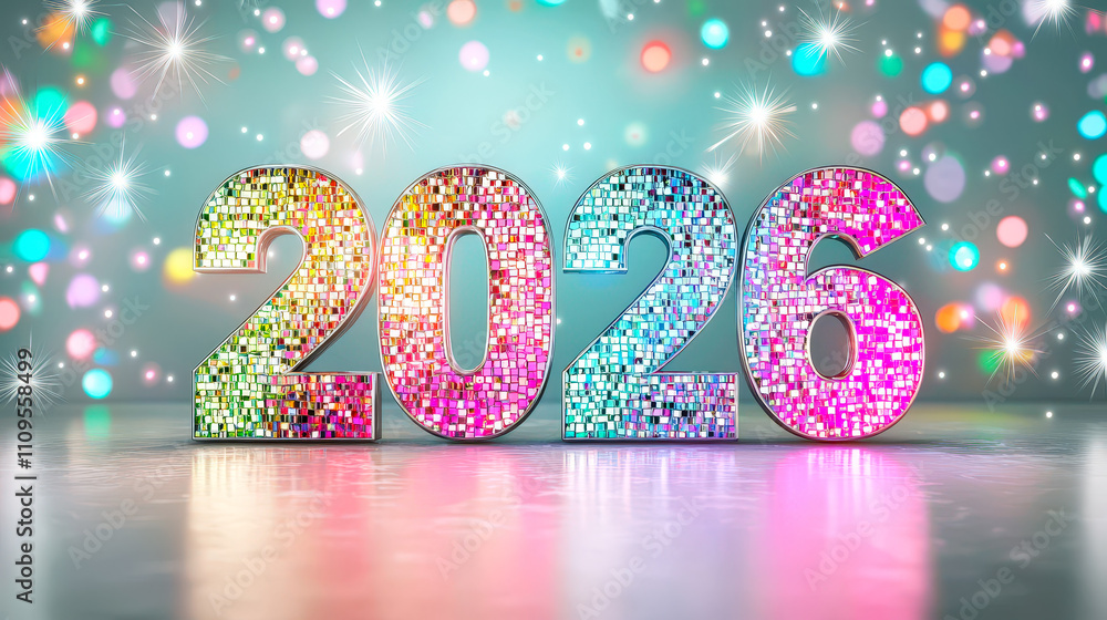 Poster Bright and shimmering numbers 2026 stand out against a vibrant bokeh backdrop, suggesting a festive and celebratory mood for New Year gatherings