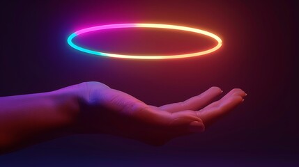 A neon glow ring floating above a hand, casting vibrant light patterns on the skin