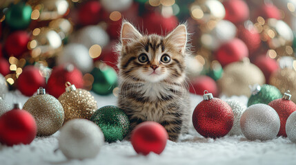 Obraz premium A playful kitten surrounded by golden, green, red, and white Christmas decorations on a clean, festive background. Generative AI