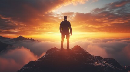 Obraz premium Businessman Standing on Mountain Peak at Sunset