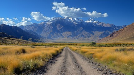 Breathtaking mountain landscape with dirt road, fields, and snowy peaks under blue sky - Powered by Adobe