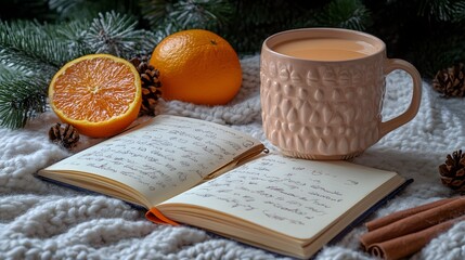 Cozy winter scene with a warm drink, orange, and an open notebook on white blanket.