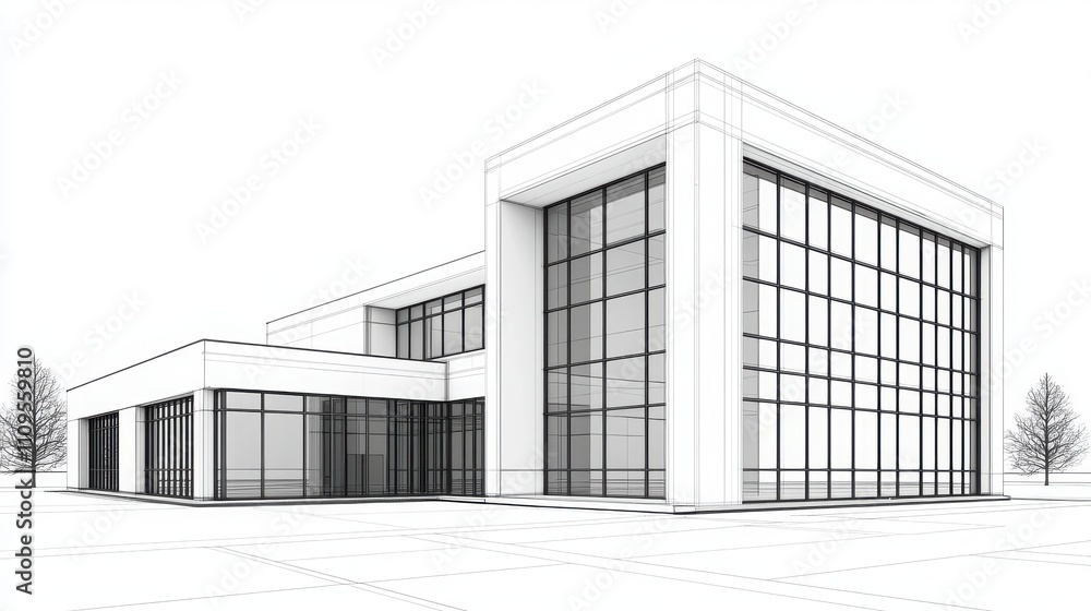 Poster a modern architectural sketch of a building featuring large glass windows and a minimalist design se