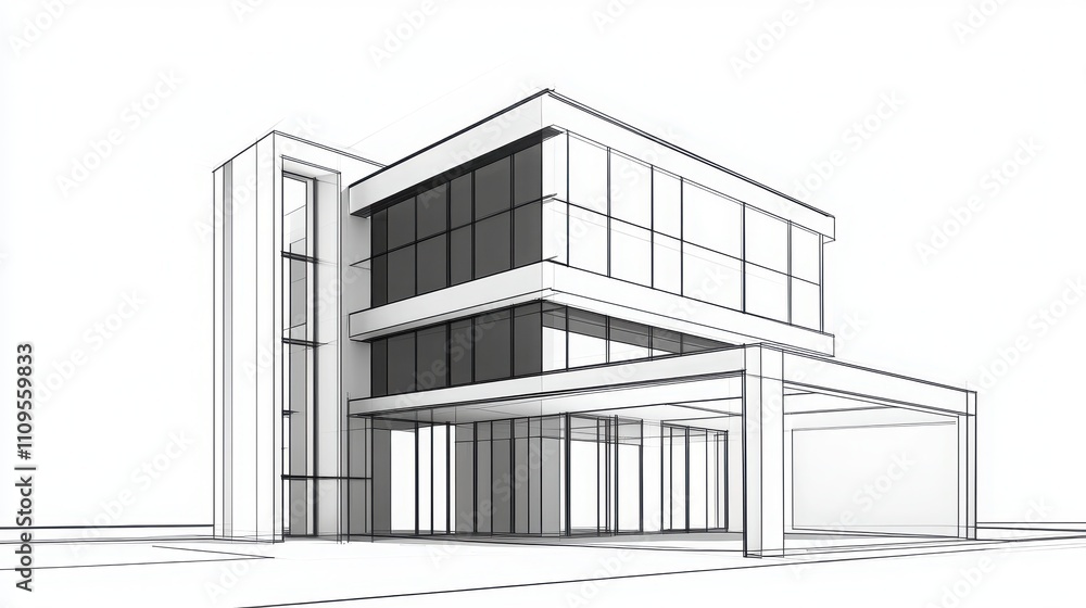 Aufkleber a modern architectural sketch featuring a multi-story building design with large glass windows and a