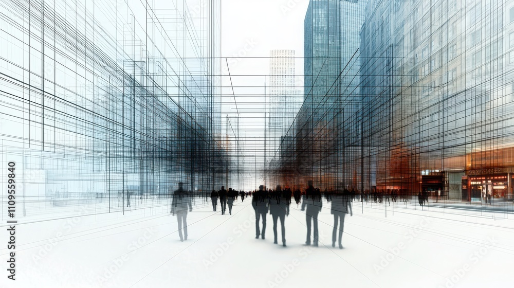 Poster a digital artwork depicting a futuristic urban setting with abstract figures walking through a grid 