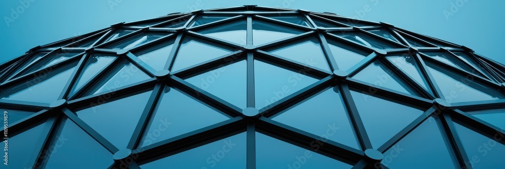 Poster a close-up view of a geometric, dome-shaped structure featuring a network of triangular panels again