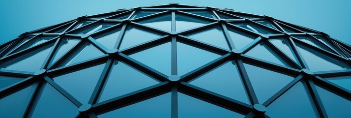 A close-up view of a geometric, dome-shaped structure featuring a network of triangular panels against a blue background.