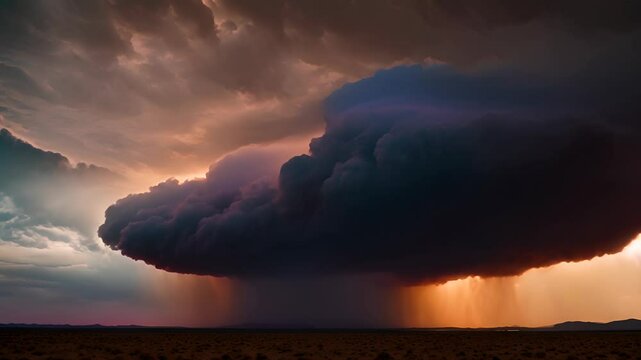 A large dark storm cloud is approaching the desert