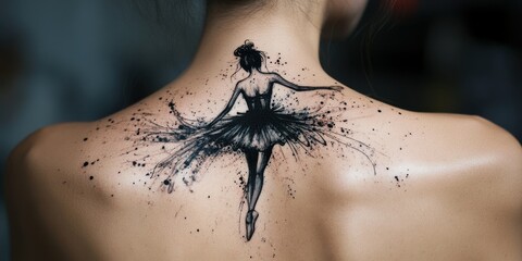 Intricate black ballet dancer tattoo gracefully adorning the back of a woman showcasing artistic expression and elegance