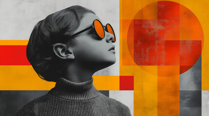 Profil eines Kindes mit Sonnenbrille vor abstrakten geometrischen Formen und Mustern in orange gelb und rot. Dada Collage: "Abstrakte Gedanken: Ein Blick in die Zukunft". Illustration 