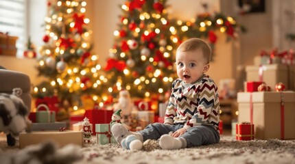 A cozy Christmas scene with a decorated tree, gift boxes, and festive lights, capturing the warmth and joy of holiday celebrations at home