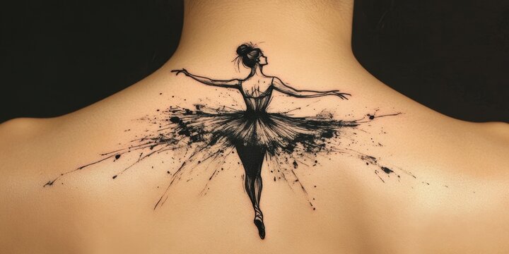 Elegant ballet dancer tattoo design showcasing artistry and grace on the back of a person