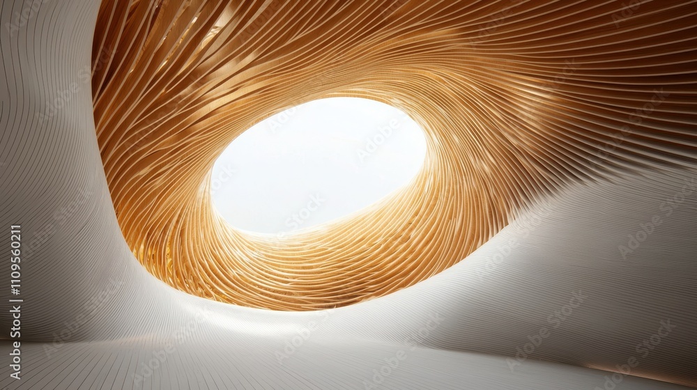 Poster a modern architectural design featuring an organic, curved structure with wooden elements, creating 