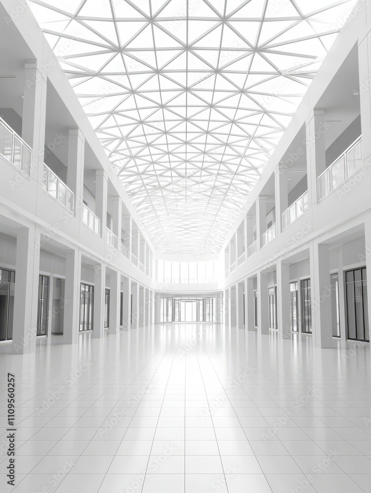 Poster a bright, spacious corridor with a modern design, featuring a high ceiling and a grid of windows, cr