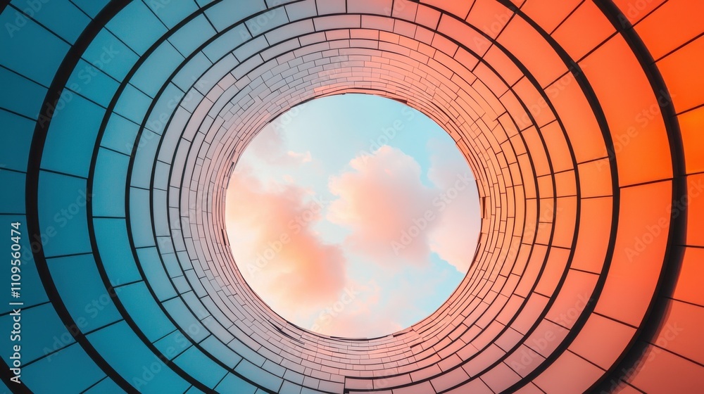 Poster a mesmerizing view looking up through a circular structure, featuring vibrant orange and blue tones 