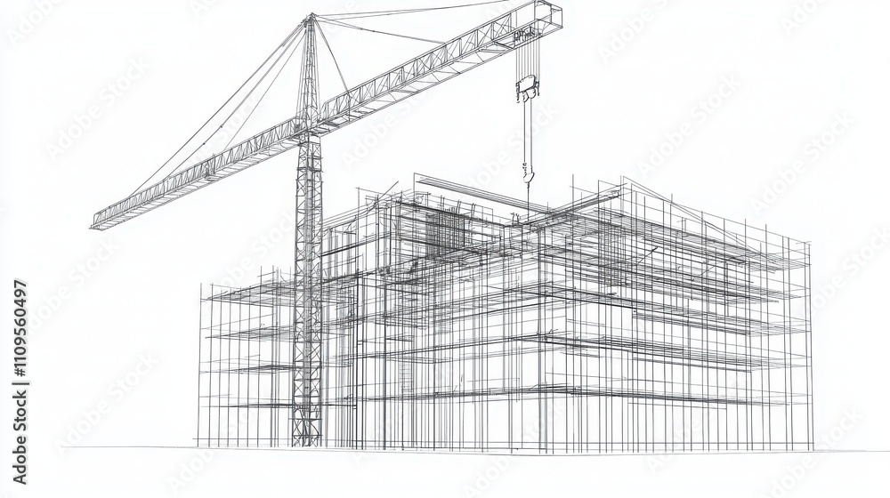 Poster a sketch of a building under construction, featuring scaffolding and a crane, illustrating the archi