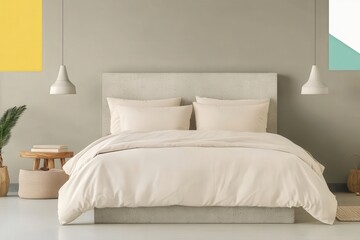 Modern Minimalist Bedroom Design Featuring Concrete Bed Frame and Soft Neutral Bedding with Stylish Pendant Lights and Artwork on Walls