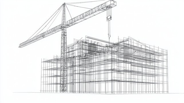 A sketch of a building under construction, featuring scaffolding and a crane, illustrating the architectural design process.