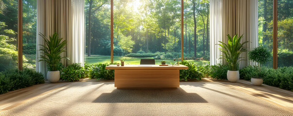 Sunlit office with large windows overlooking a lush green landscape.