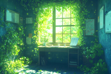 Sunlit overgrown room, vines, plants, desk, window, nature.
