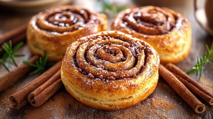 Fototapeta premium Warm cinnamon rolls freshly baked with sugar glaze and cinnamon sticks on wooden table
