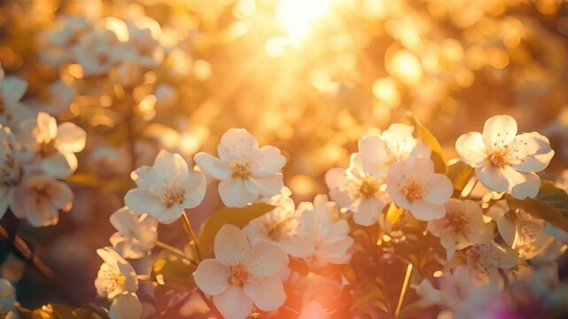 Close-up of white cherry blossoms in full bloom against blurred background of setting sun