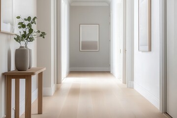 Bright and Spacious Hallway with Modern Decor, Light Wood Floors, Minimalist Style, and Simple Greenery Accent in Contemporary Home Setting
