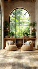 Sunlit room with arched window, plants, and wicker chairs.