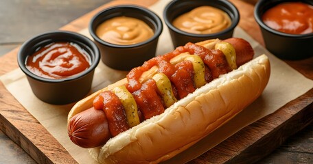 A fast food corner featuring artisanal hotdogs served with unique dipping sauces, leaving room for text.