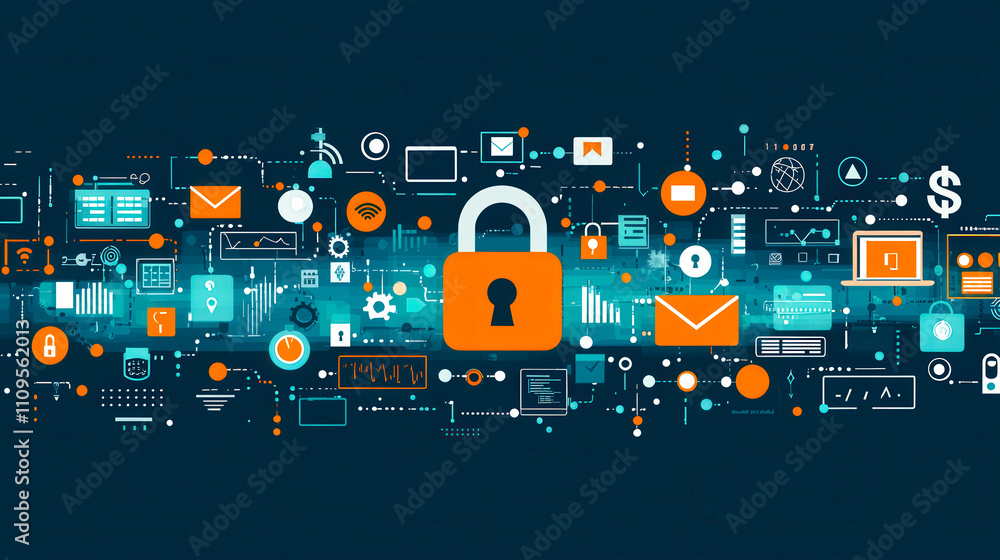 Poster digital security is illustrated with a padlock surrounded by technology symbols like graphs, emails,