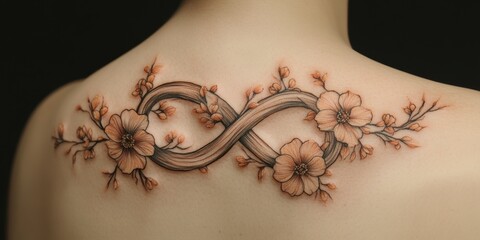 Intricate floral infinity tattoo adorned with delicate blossoms on a bare back
