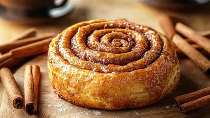 Fototapeta premium Freshly baked cinnamon roll on a wooden table with cinnamon sticks nearby